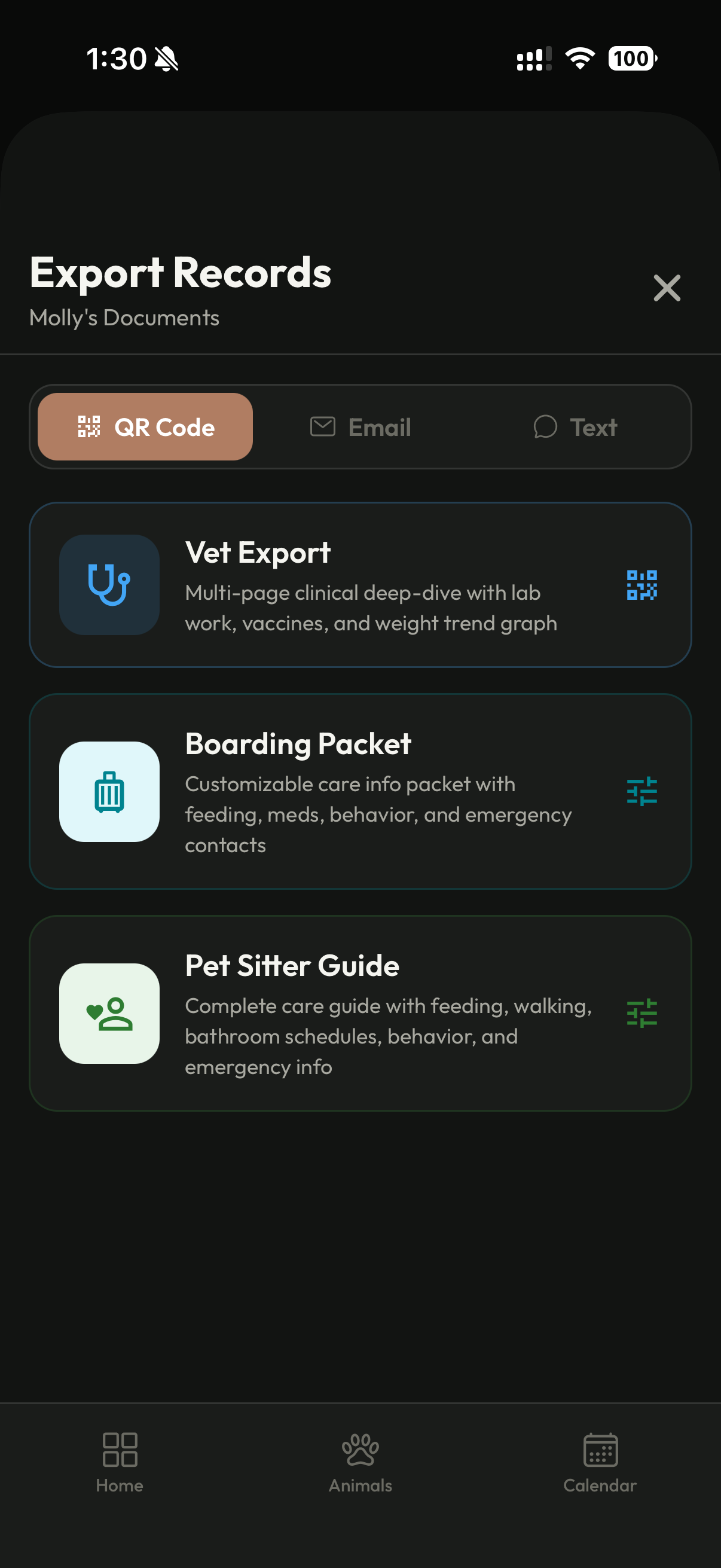 Export records — QR, Email, Text