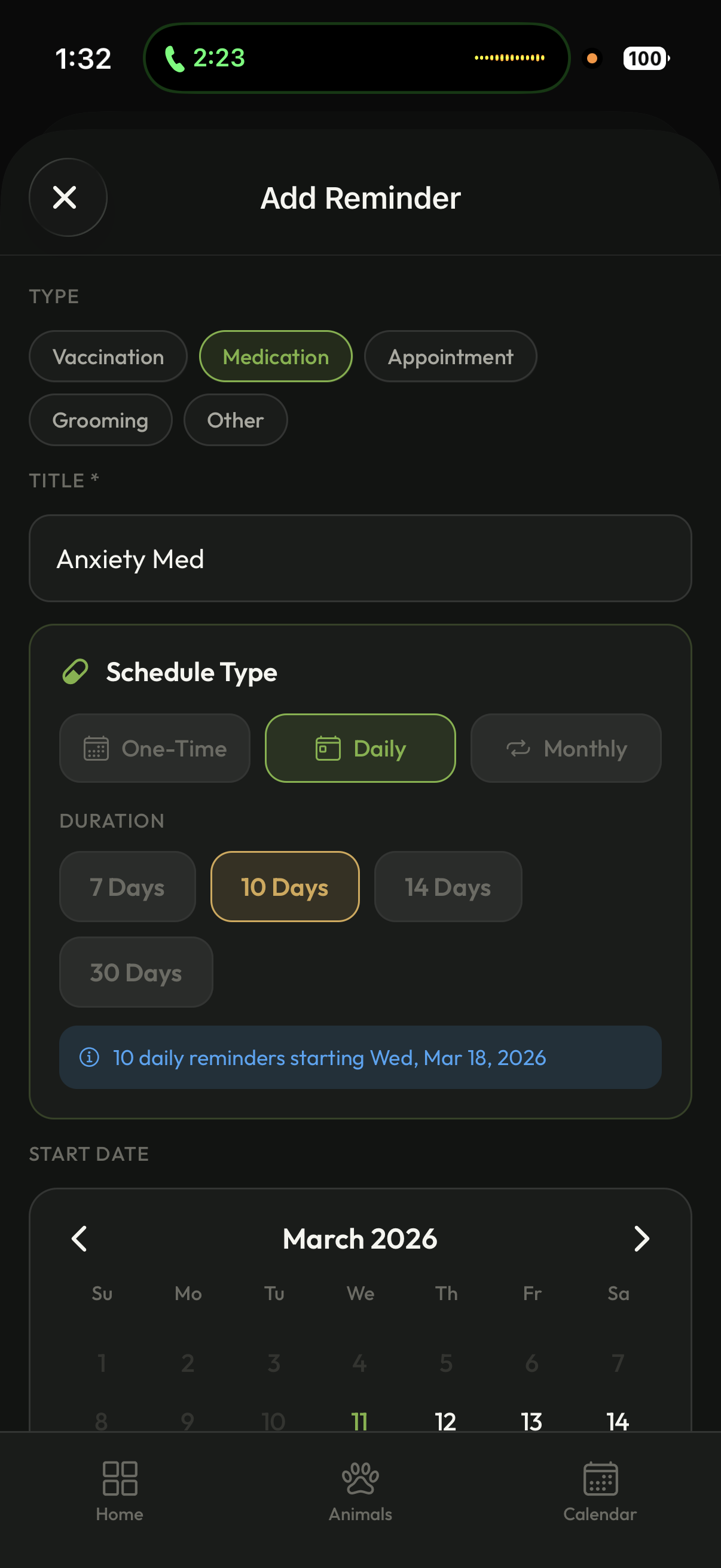 Medication reminder with duration options