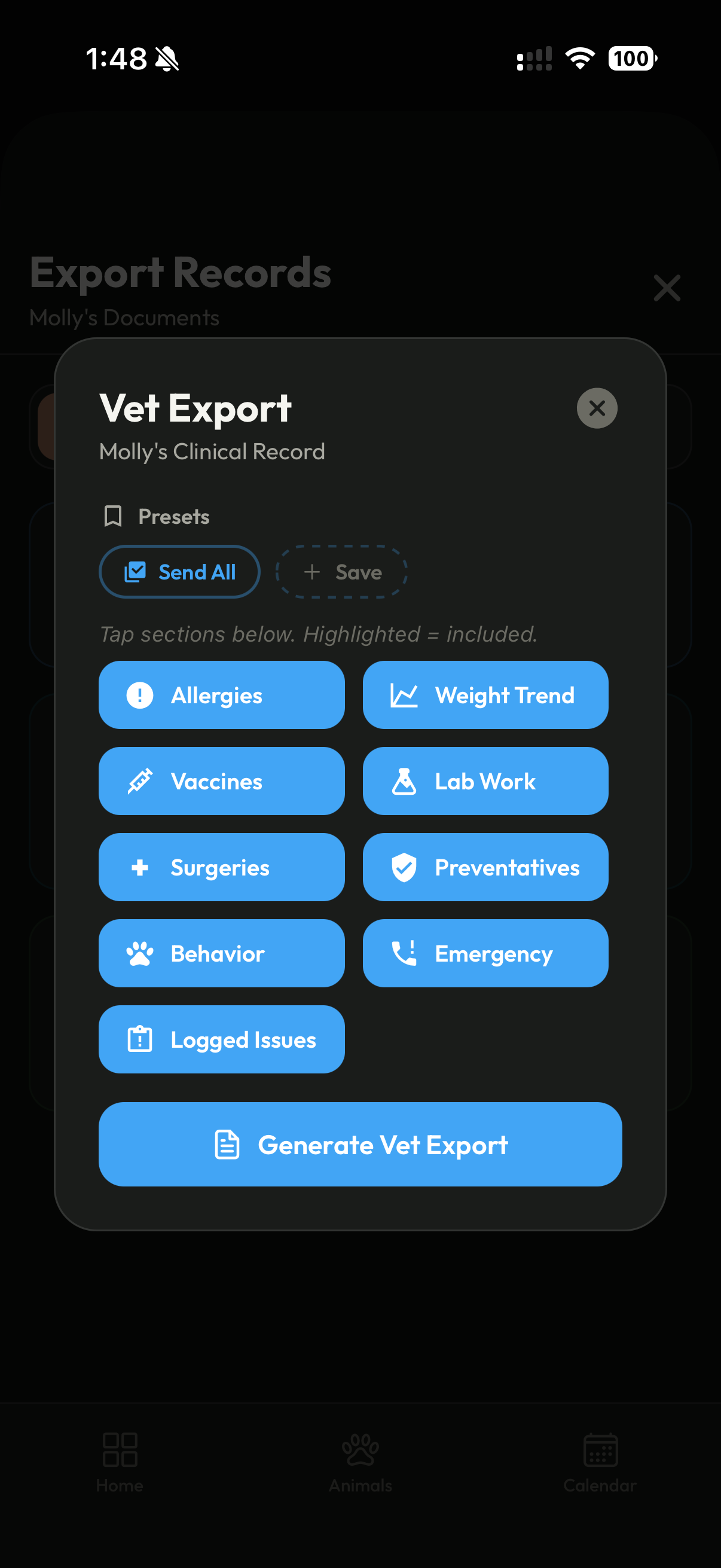 Vet export customization