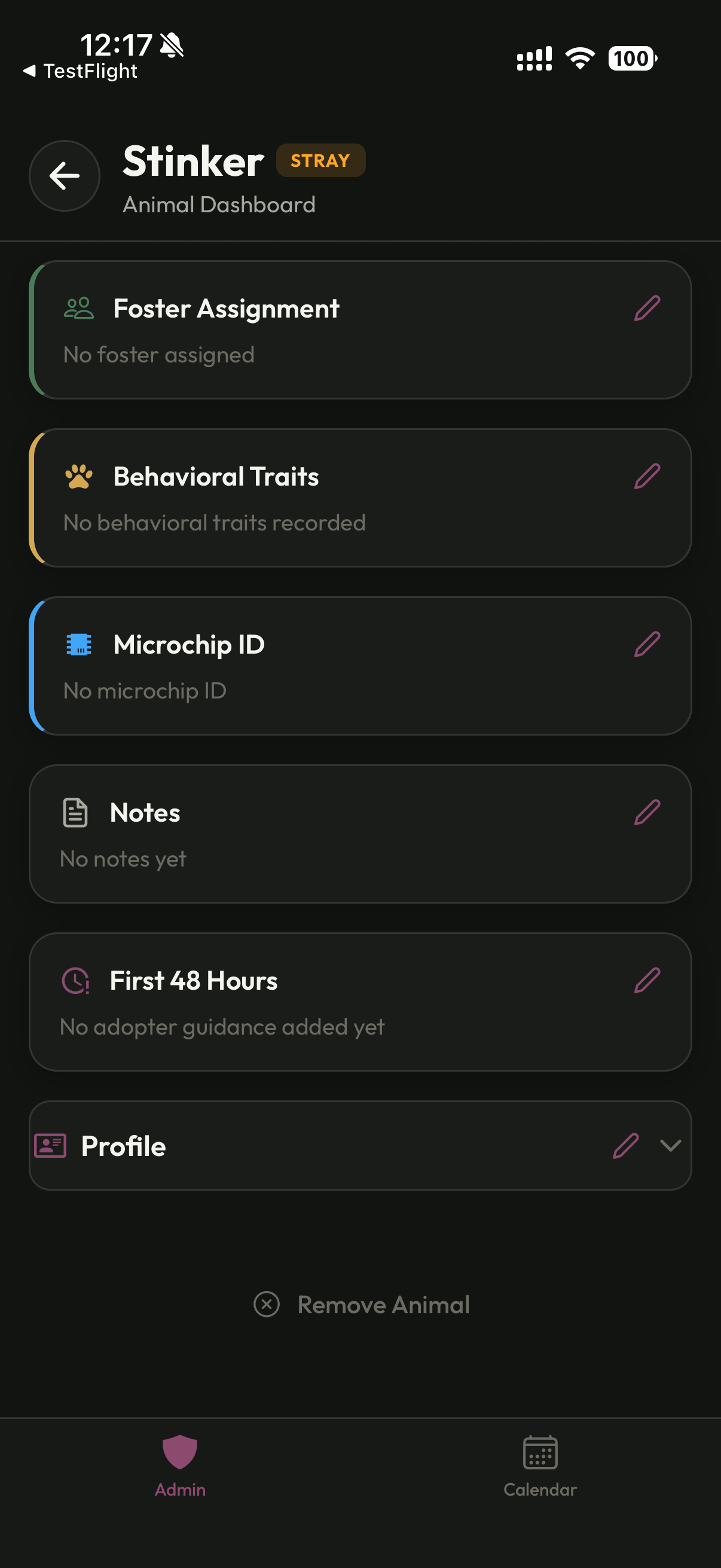 Animal profile details